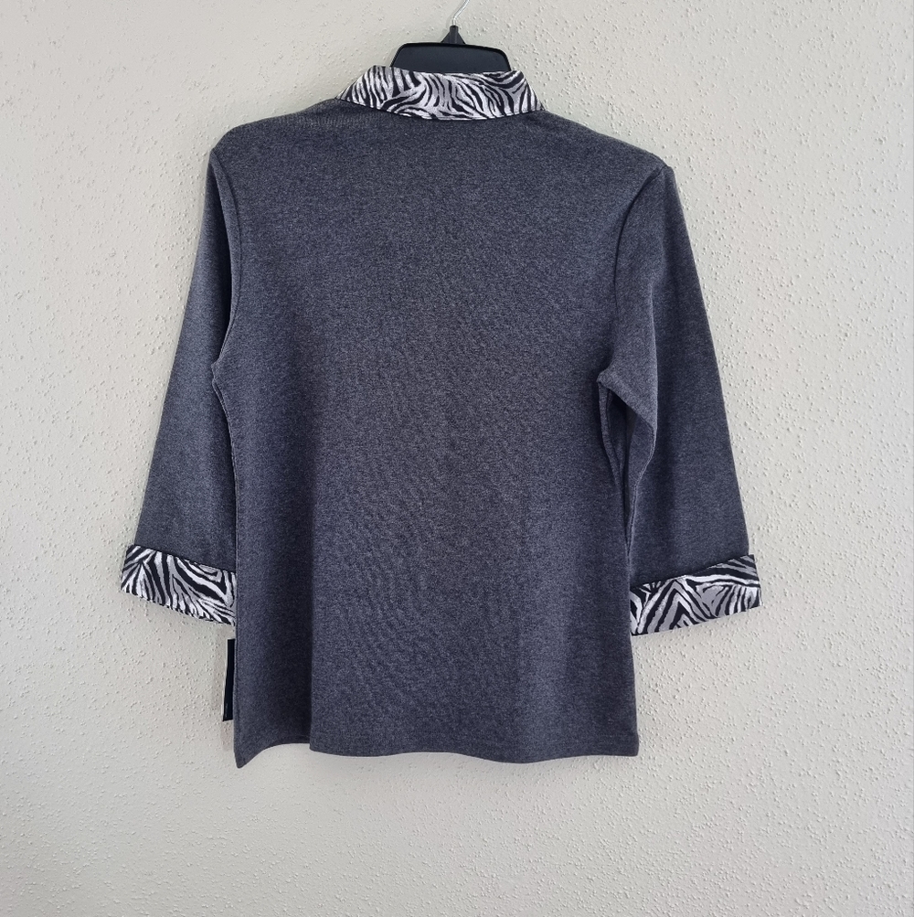 Karen Scott Gray V-Neck Sweater with Zebra Trim - Picture 5 of 8